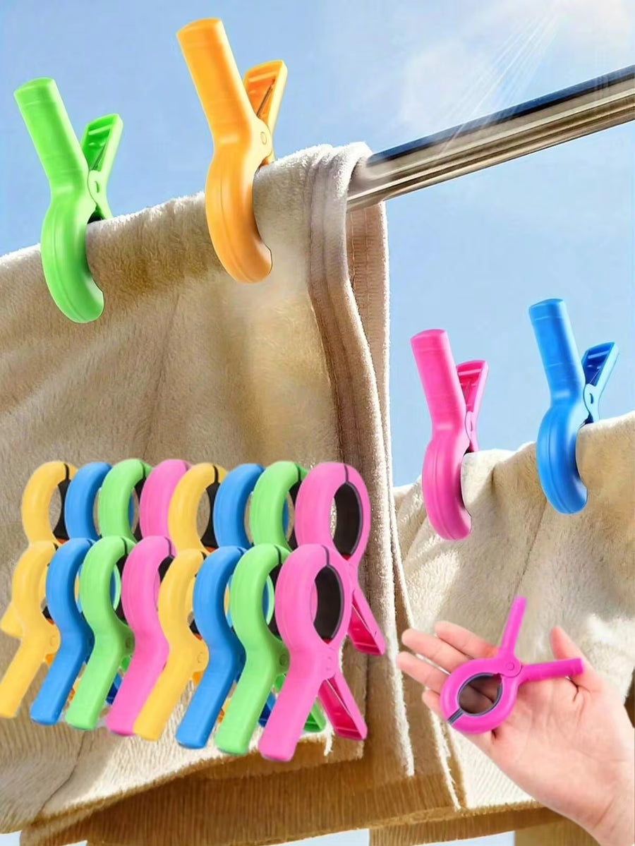 4/8/12/16/24/32pcs Assorted Color Beach Towel Clips, Plastic Clothes Clips, Windproof Beach Towel Clips, Hanger Clips, Strong Spring Clips, Beach Chair Towel Clips, Sock Clips, Used For Fixing Towels, Blankets, Quilts, Suitable For Home And Travel Use